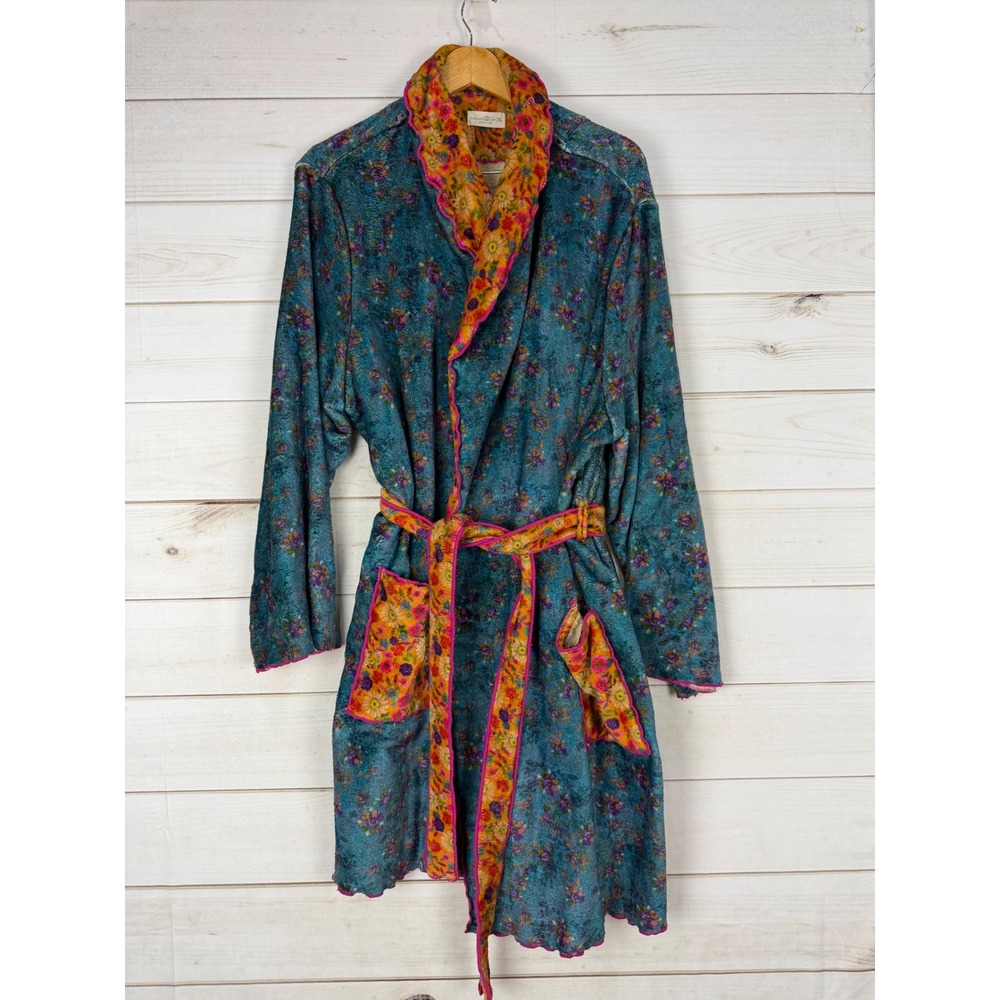 Natural Life Floral Plush Robe Teal Orange Faux Shearling Lined XL Loungewear